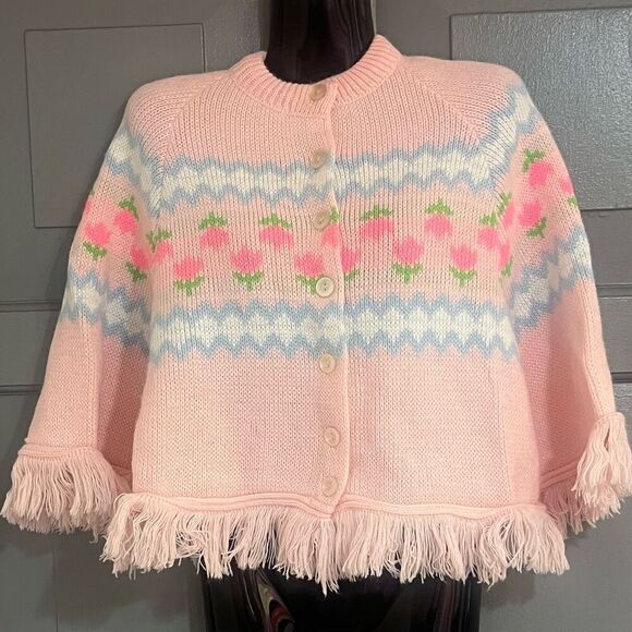 Vintage Blue Bird Girls Pink Heart Graphic Button Front Sweater Fringe BottomCap - Picture 2 of 5